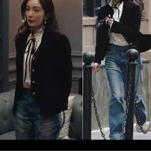 Set of 2 - black suede jacket and a silk French style top